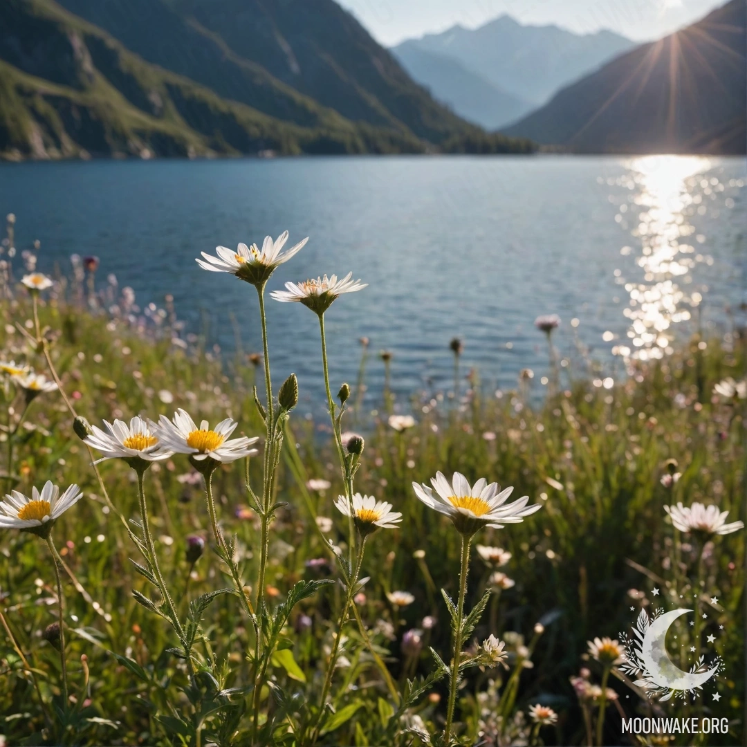 Крупный план ярких полевых цветов на фоне размытого горного озера