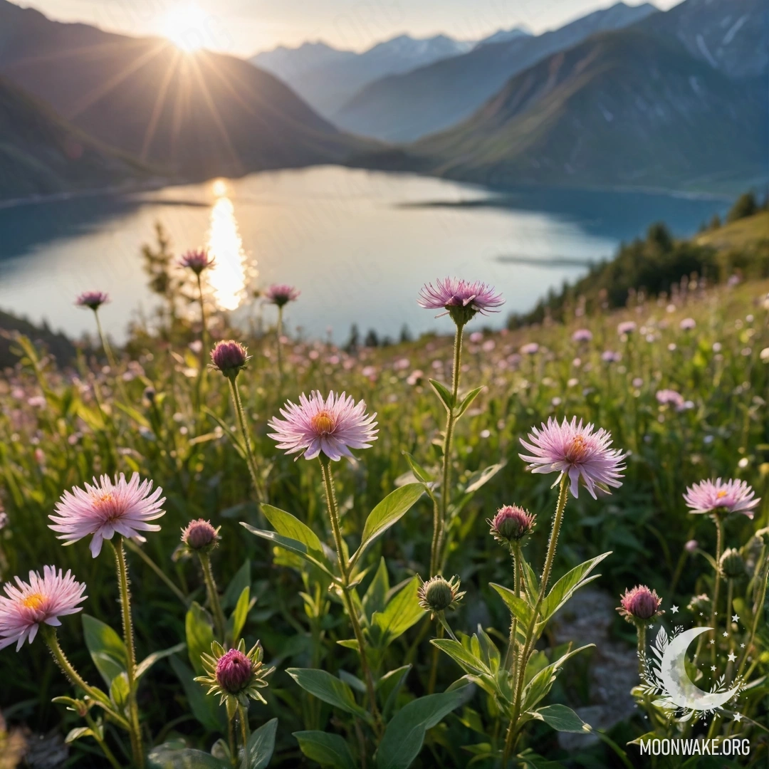 Крупный план нежных цветов на поле с размытым горным озером на заднем плане, освещённым мягкими бликами света.