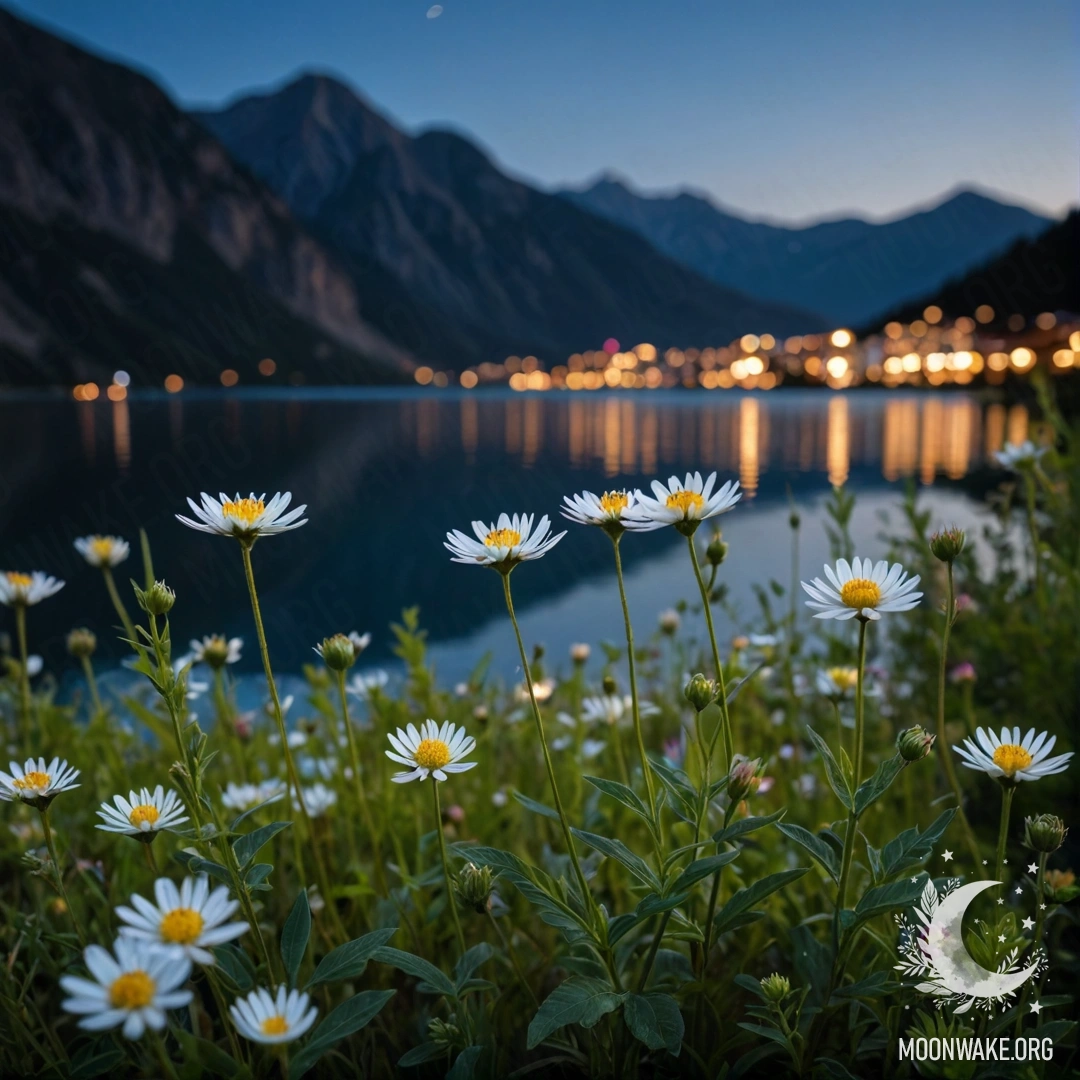Крупным планом нежные полевые цветы на фоне размытых огней горного озера ночью.