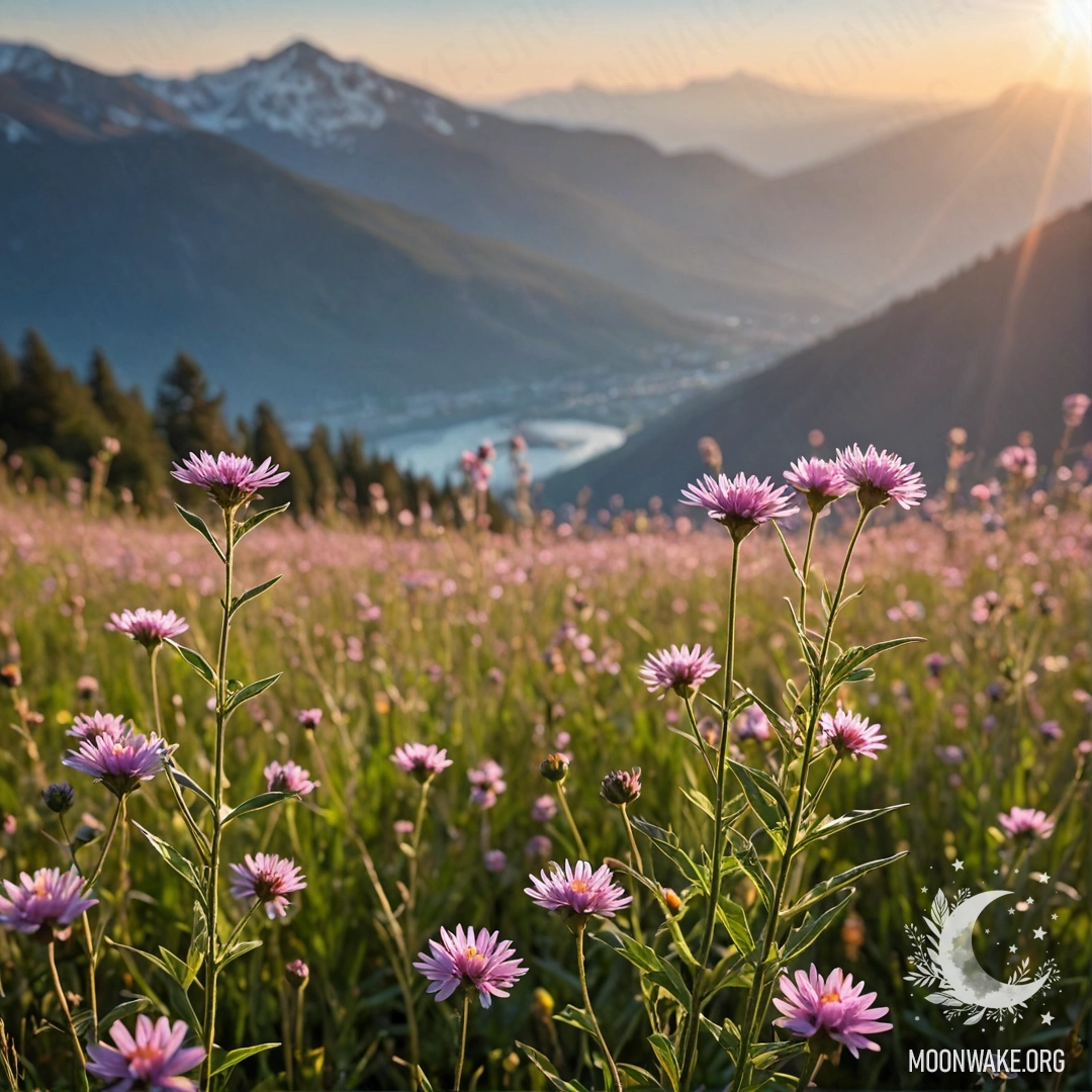 Близкий план ярких полевых цветов на фоне размытого горного пейзажа и солнечных лучей