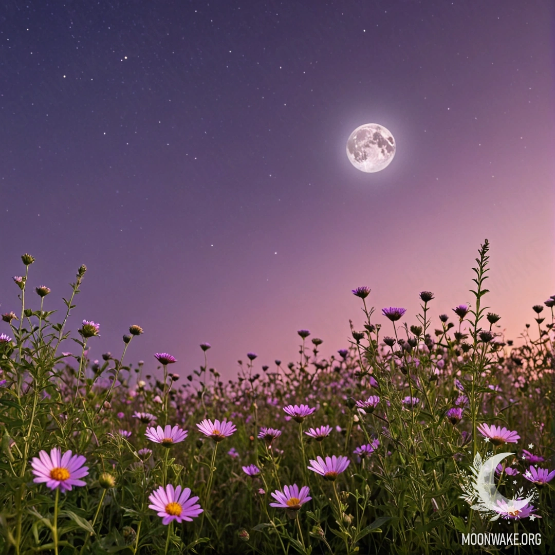 Крупный план цветных цветов в поле под освещённым луной небом.