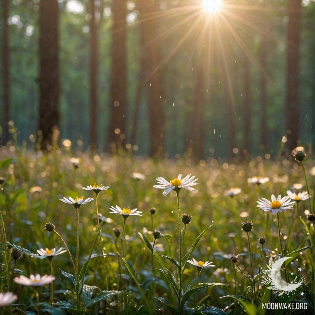 Крупный план полевых цветов на размытом фоне леса, освещённых солнечными лучами под дождём.