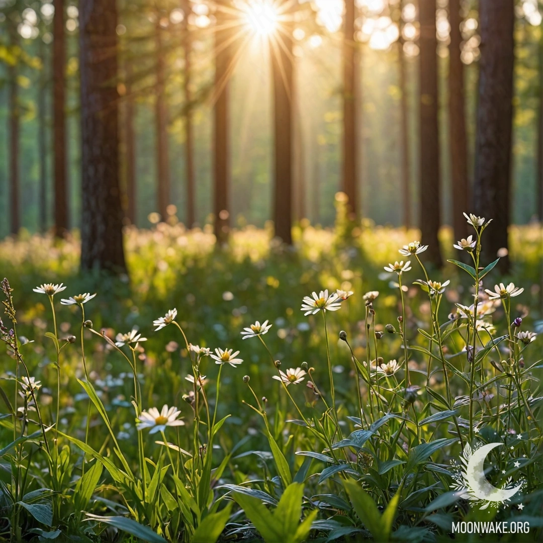 Крупный план ярких полевых цветов на солнце с размытым лесным фоном.