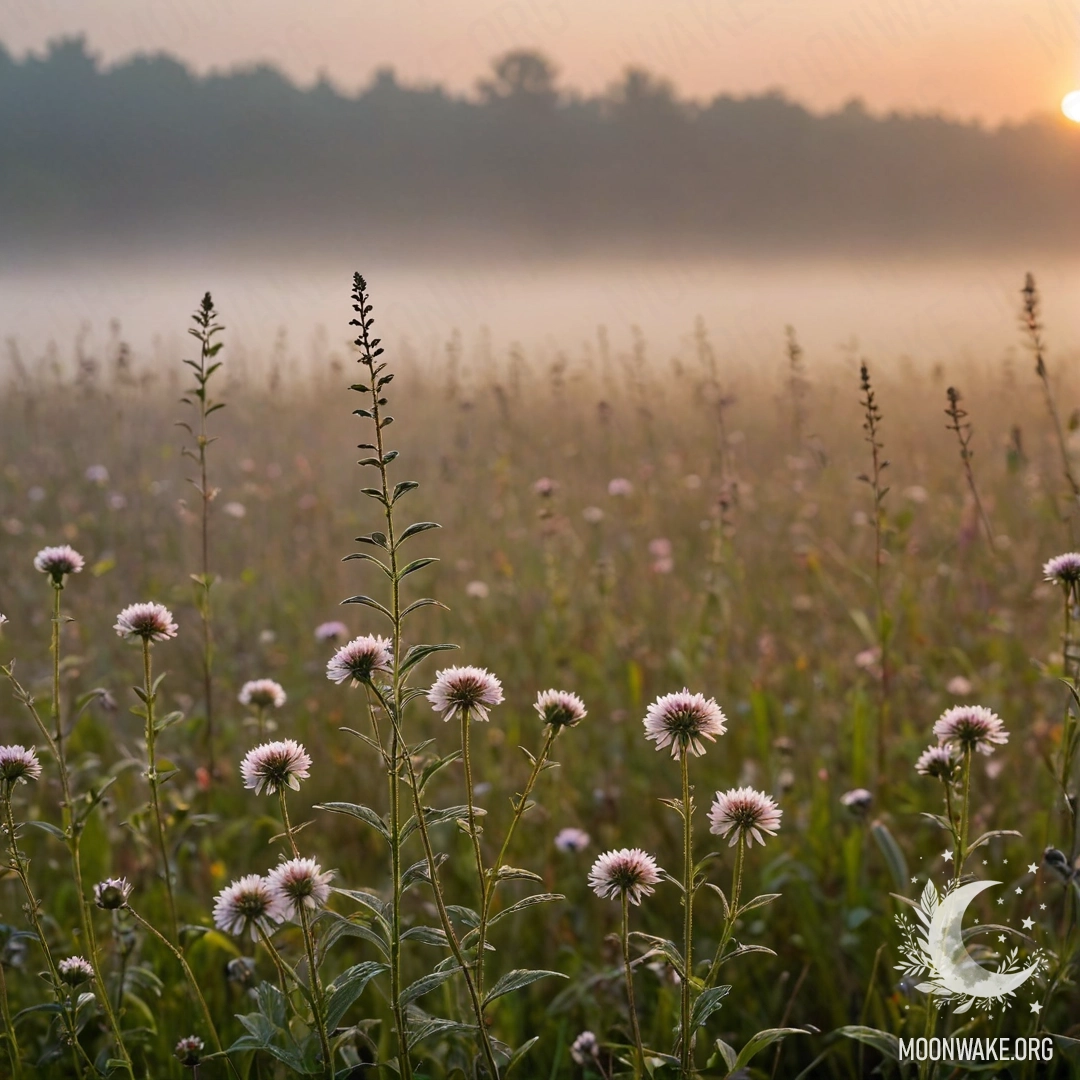 Крупный план романтических полевых цветов на фоне туманного заката.