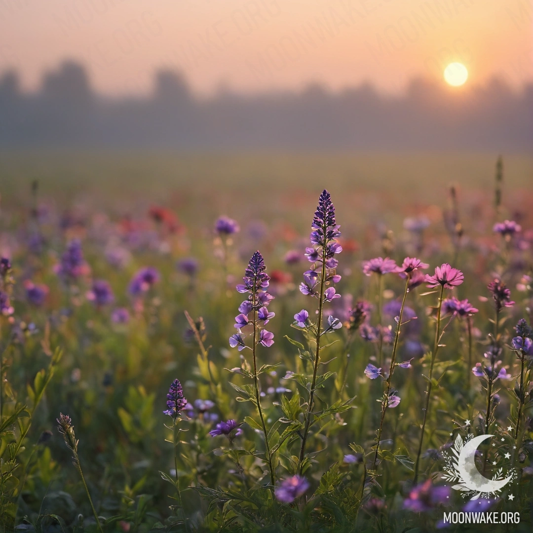 Крупный план ярких цветов на поле с фонариком заката в тумане.