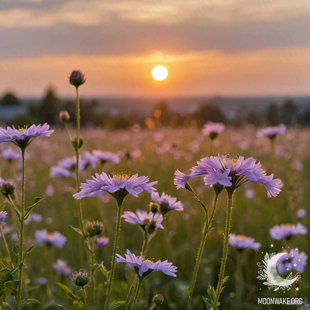 Крупный план романтических полевых цветов на фоне размытого неба на закате.
