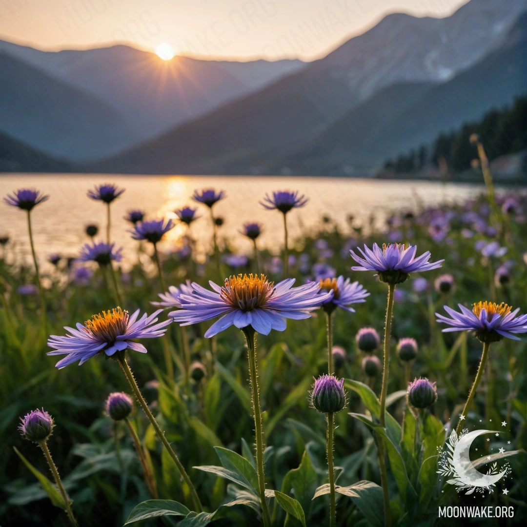 Крупный план романтических полевых цветов на фоне размытого изображения горного озера на закате.