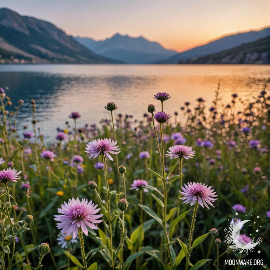 Крупный план ярких полевых цветов на фоне смазанного изображения горного озера на закате.