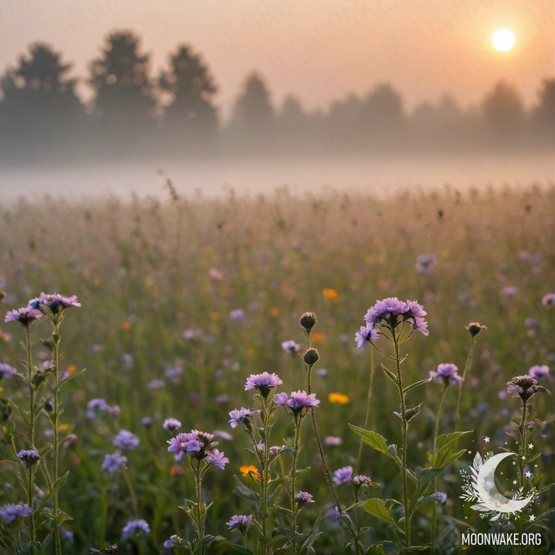Крупный план романтических полевых цветов на фоне боке с туманом при закате.