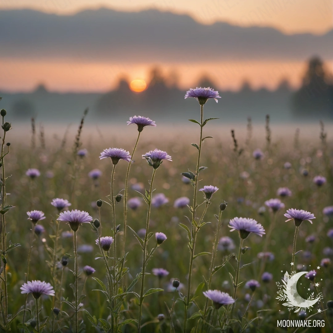Крупным планом романтические цветы на фоне размытого поля с туманом на закате