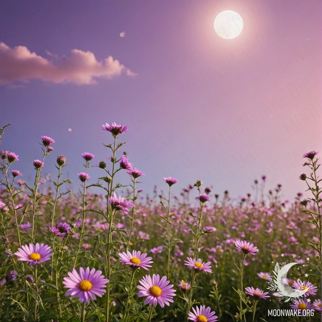 Крупный план романтических полевых цветов на фоне розово-фиолетового неба с луной.