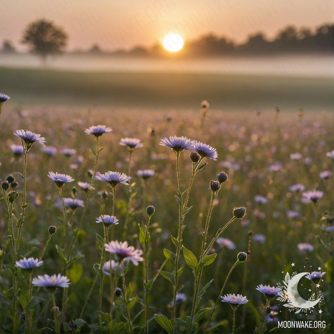 Крупный план нежных цветов на туманном поле на закате, с мягкими эффектами боке.