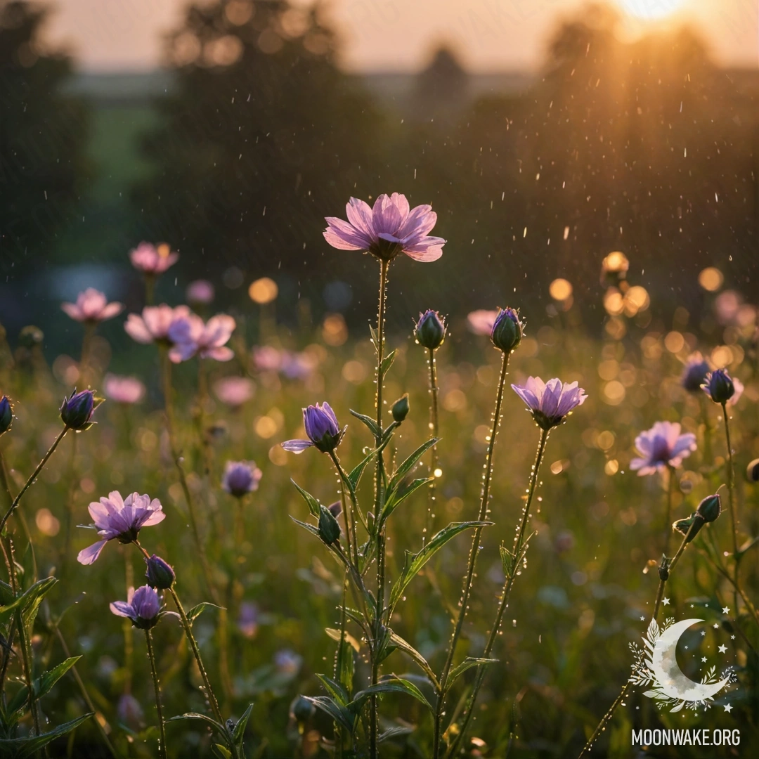 Крупный план романтических полевых цветов с размытым фоном заката