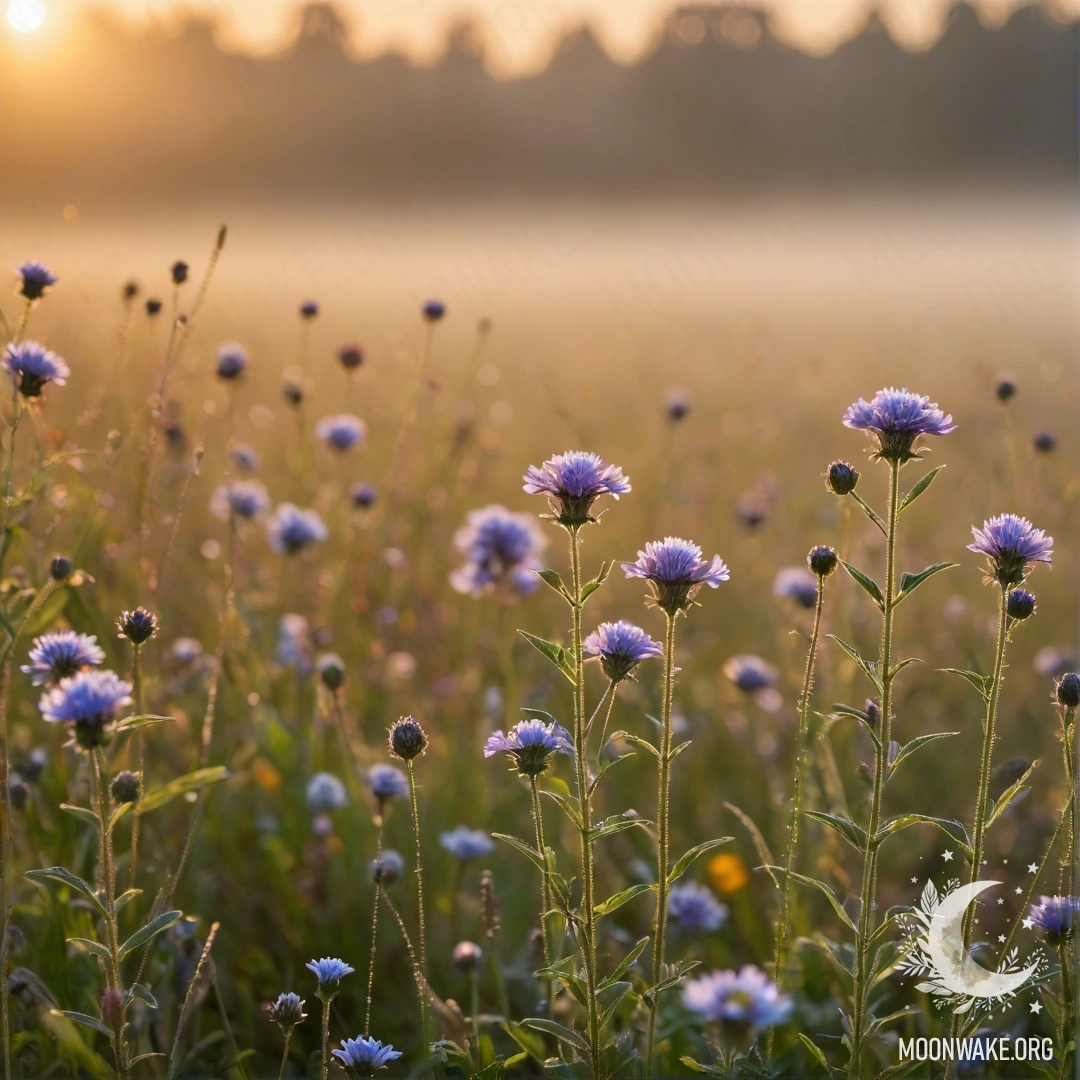 Крупный план нежных полевых цветов на фоне размытого поля на закате, нежно эротизируемого туманом и солнечными блики.