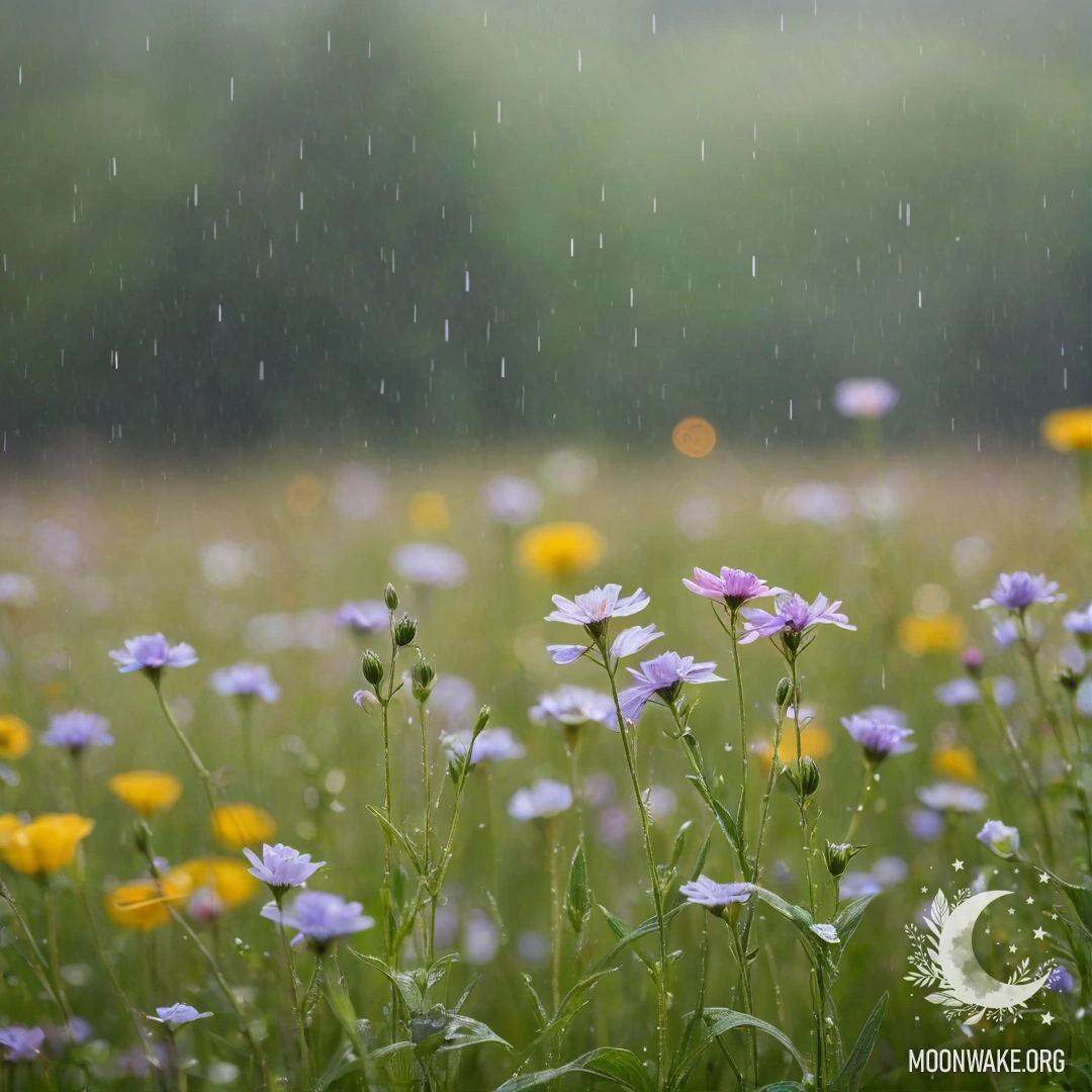 Крупный план нежных цветов на поле, размытый фон, мягкий дождь.