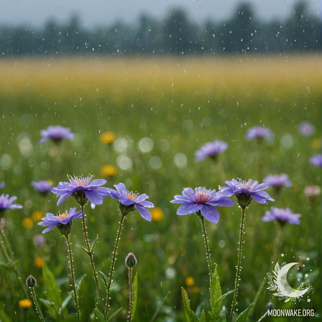 Крупный план нежных цветов на поле на фоне размытого неба под дождем.