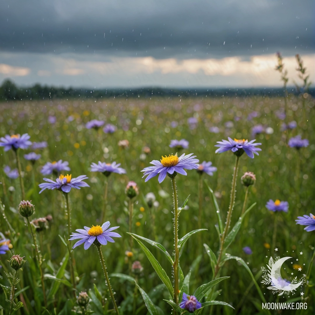 Крупный план цветных цветов на поле с фоном размытого неба и дождем.