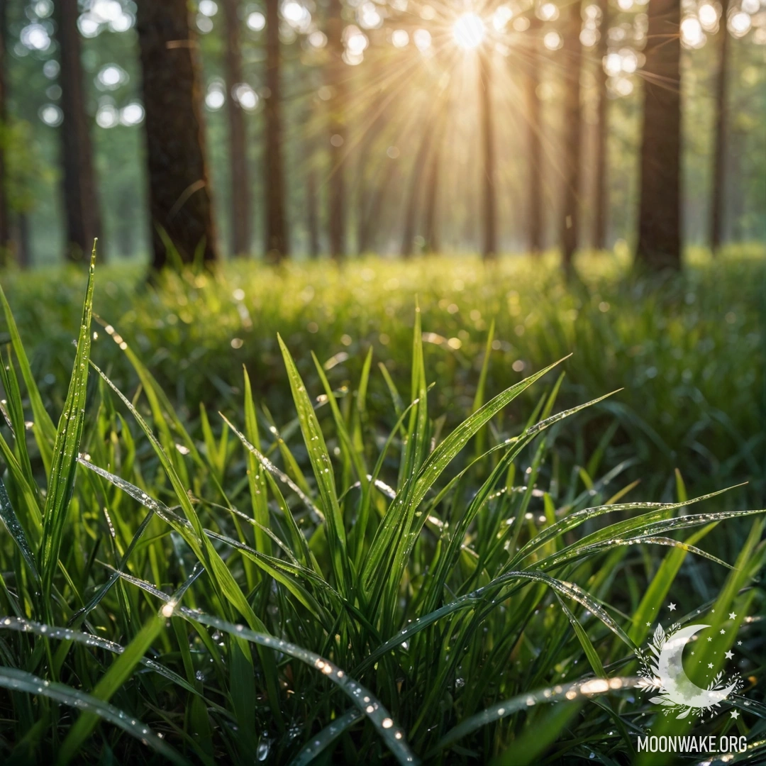 Крупный план травы на романтическом поле с размытым фоном леса и солнечными лучами, пробивающимися сквозь деревья.