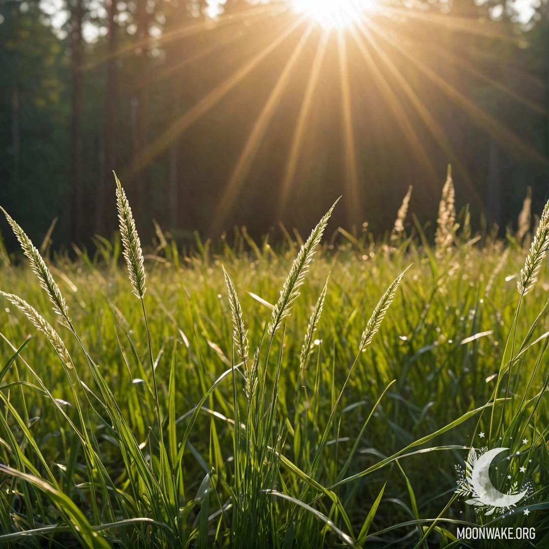 Крупный план романтической травы на фоне размытого леса, через который пробивается солнечный свет, создавая солнечные блики.