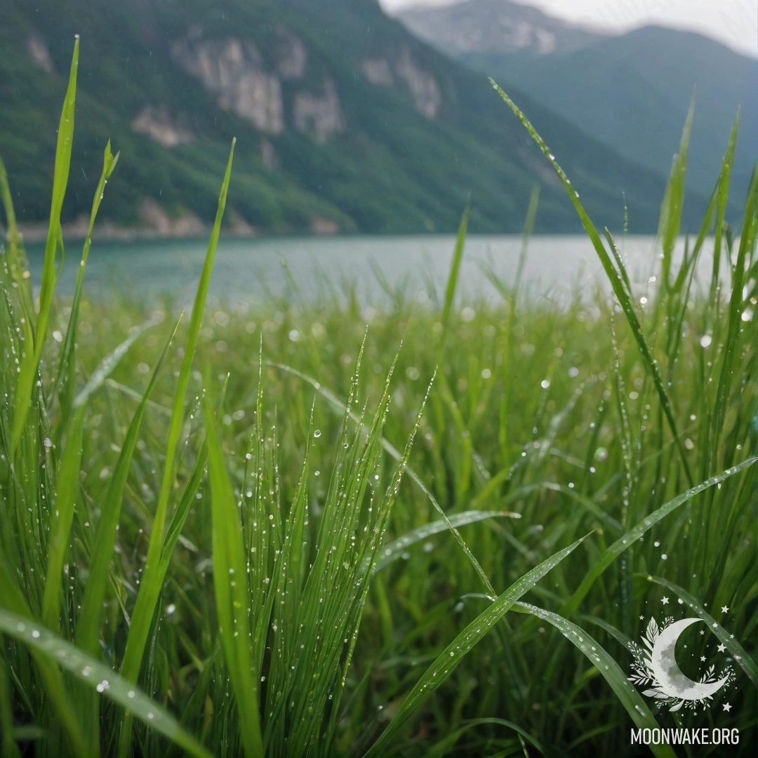 Крупный план травы в романтическом поле на фоне боке горного озера под дождём.