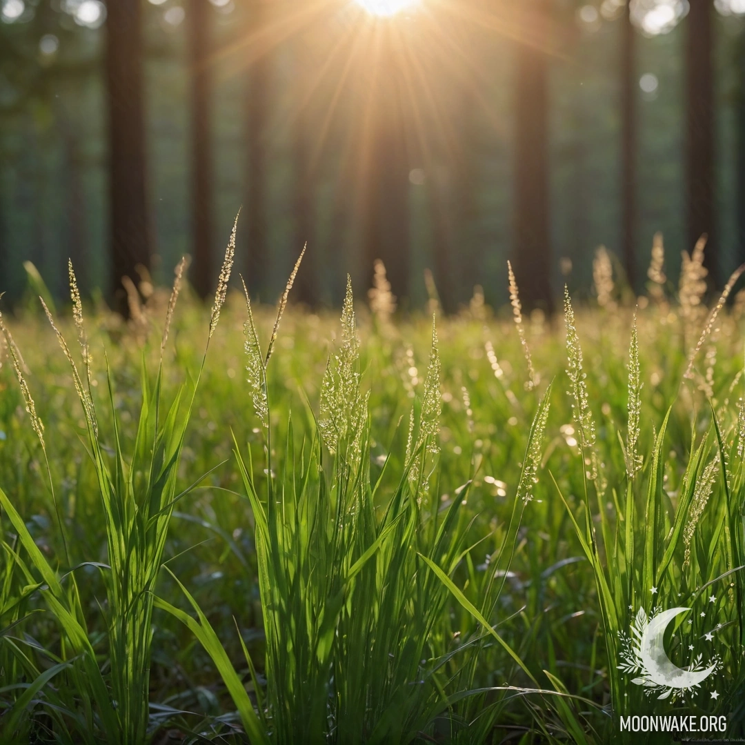 Крупный план травы на романтическом поле с размытыми деревьями и солнечными лучами ночью.