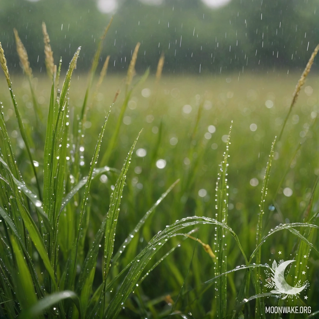 Крупный план травы и цветов с боке на дождливом поле.
