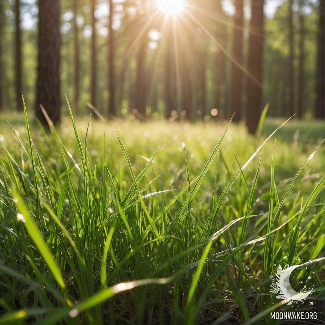 Крупный план травы на романтическом поле с фоном размытого леса и солнечными лучами.