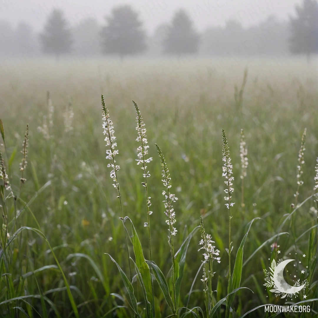 Крупный план травы на романтичном поле, окружённого туманом и цветами.