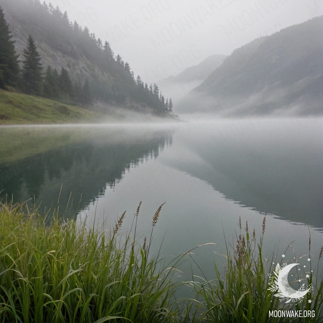 Крупный план травы на поляне перед туманным горным озером.