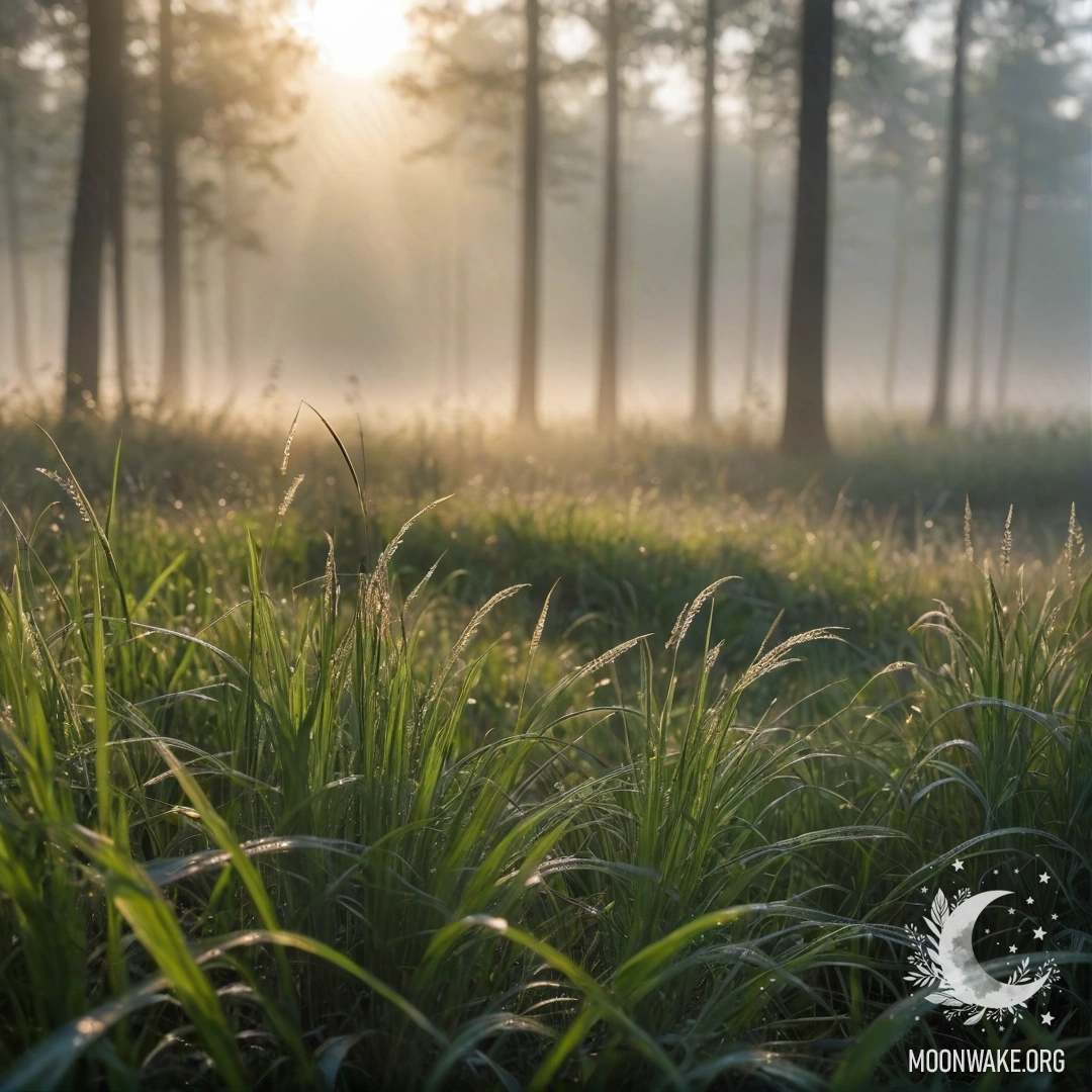 Крупный план травы на романтическом поле на фоне леса с боке и солнечными лучами, пробивающимися сквозь туман.