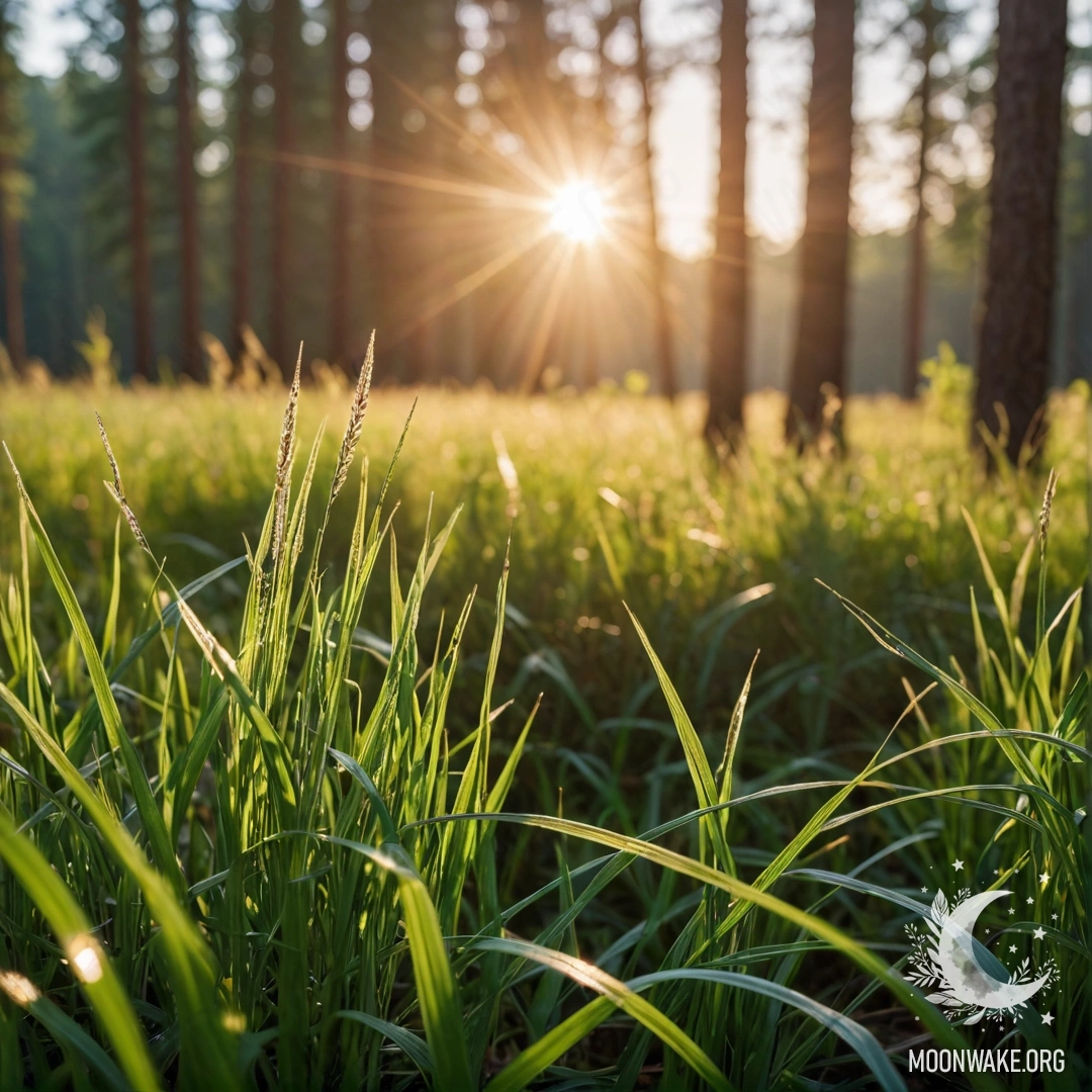 Крупный план трав на романтическом поле на фоне размытого леса с солнечными лучами и бликами света.