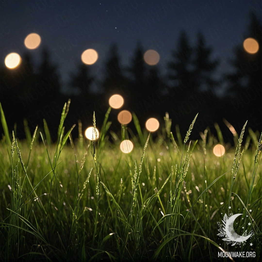 Крупный план травы на романтическом поле с фоном из боке леса ночью.