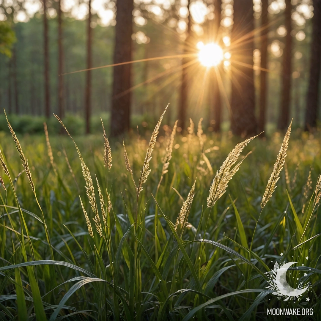 Крупный план травы на романтическом поле с размытым лесом на фоне и солнечными лучами, пробивающимися сквозь деревья на закате.