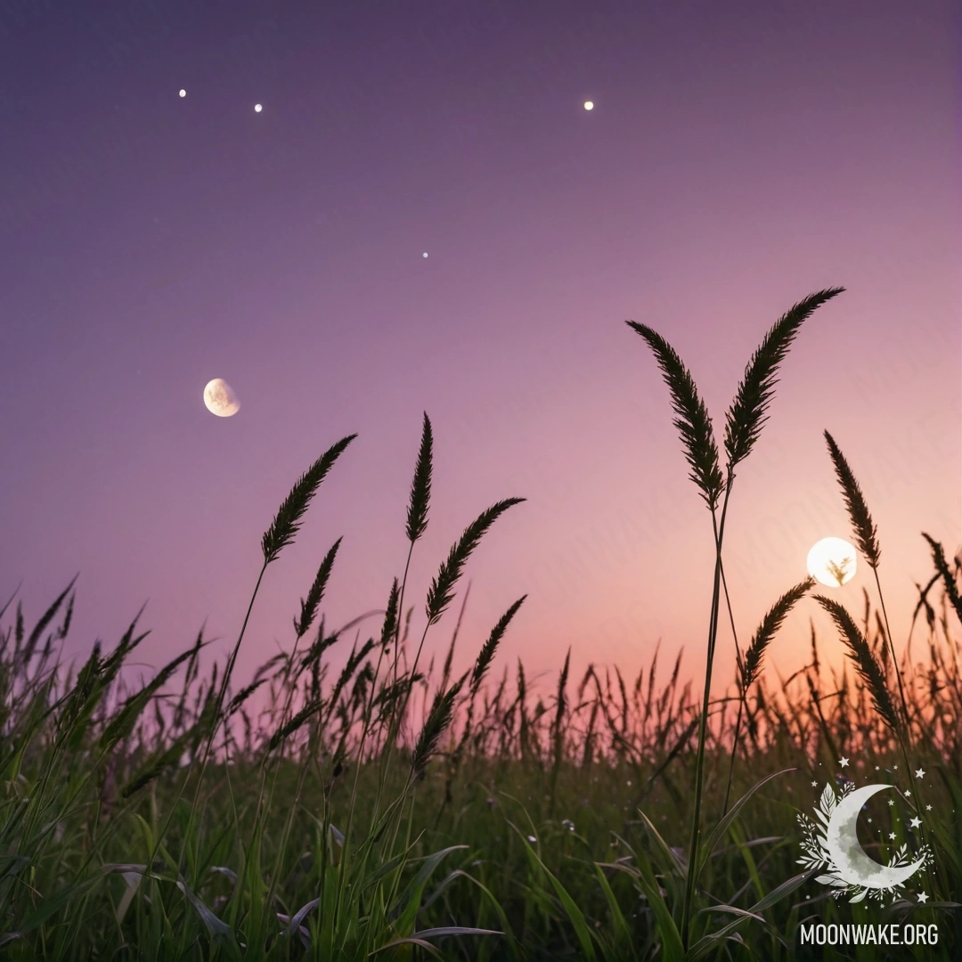 Крупный план травы на романтическом поле под розово-фиолетовым небом с луной.