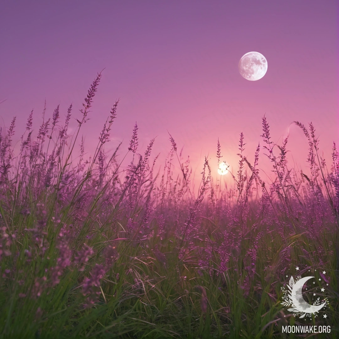 Крупный план травы на романтическом поле с розово-фиолетовым небом и луной.