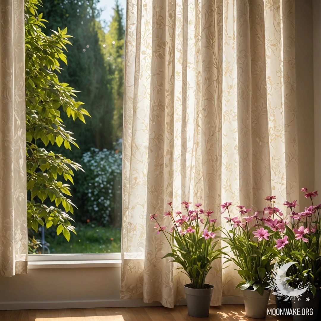 Крупный план цветочной занавески с цветущим садом, видимым через окно.