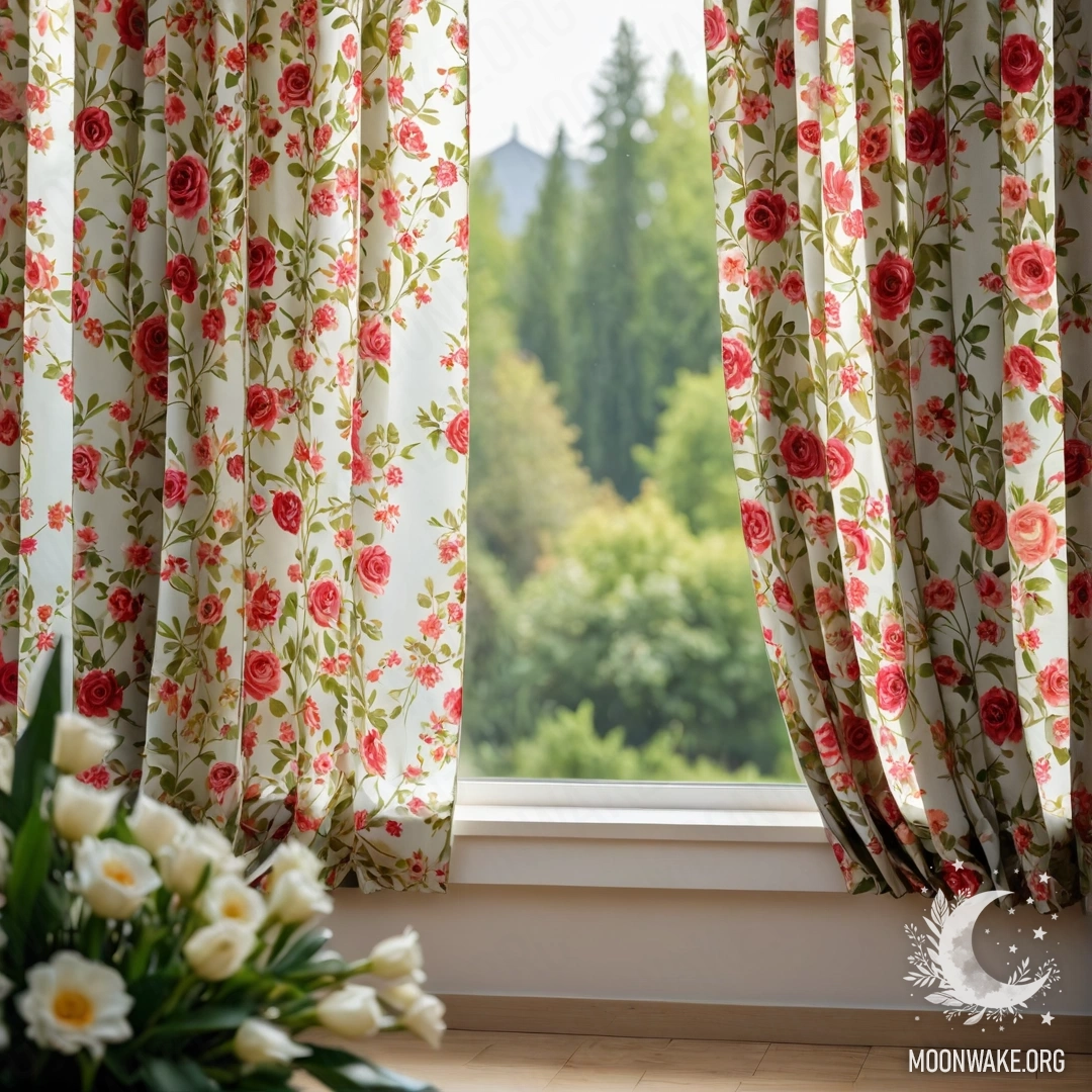 Крупный план цветочных занавесок с виднеющимся через окно цветущим садом.