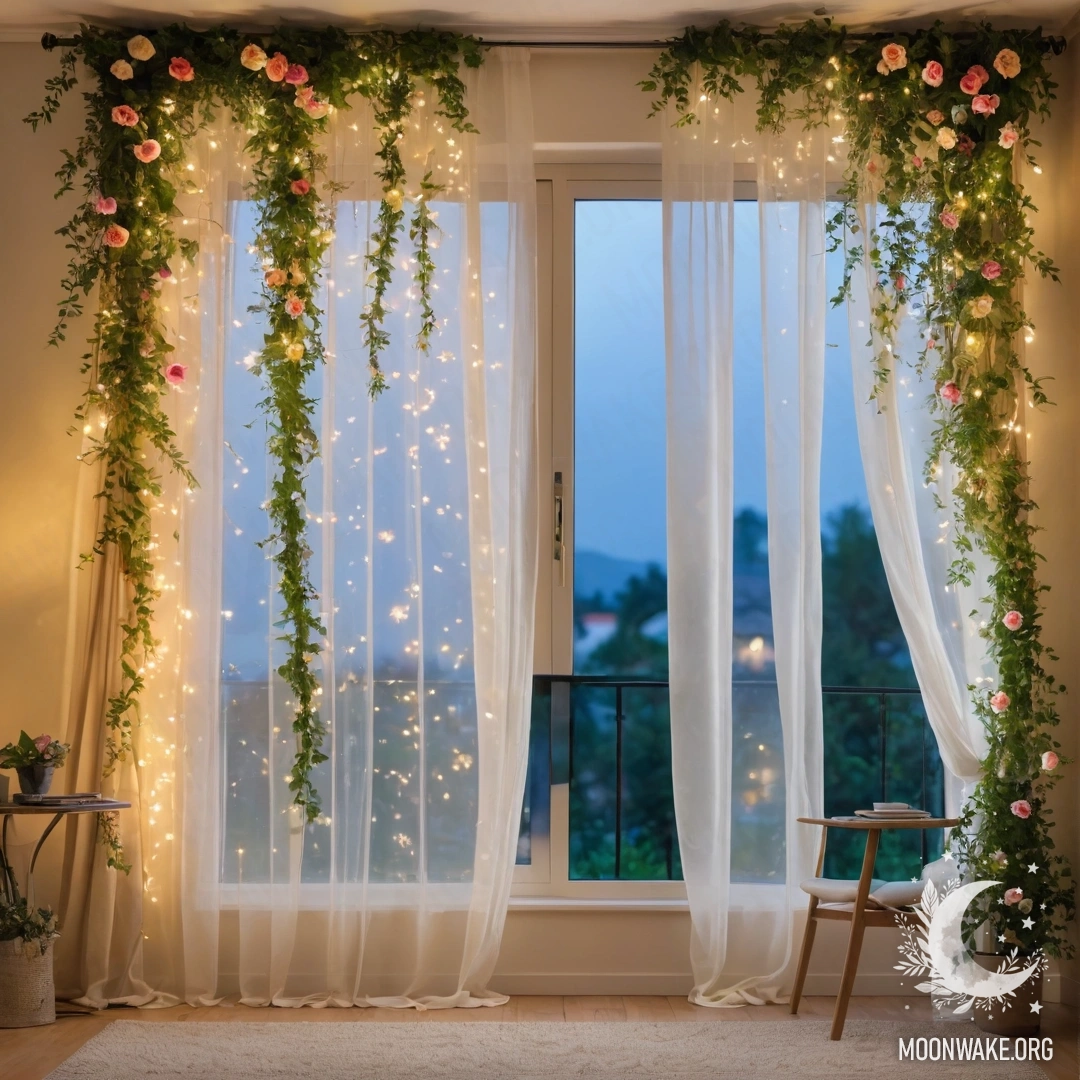 Крупный план цветочной занавески с окном за ней и цветущим садом на заднем плане.