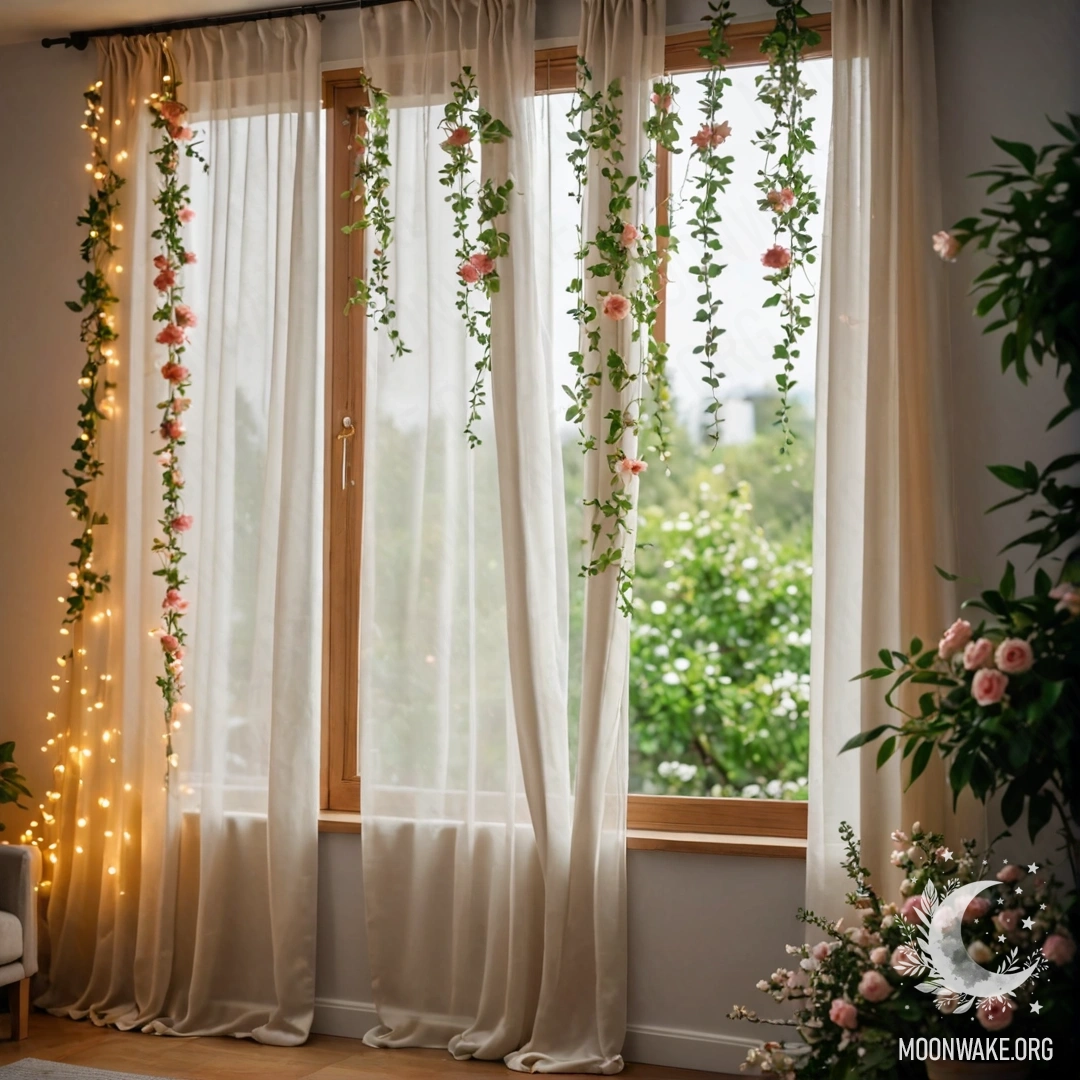 Крупный план цветочной занавески с видом на цветущий сад за ней.