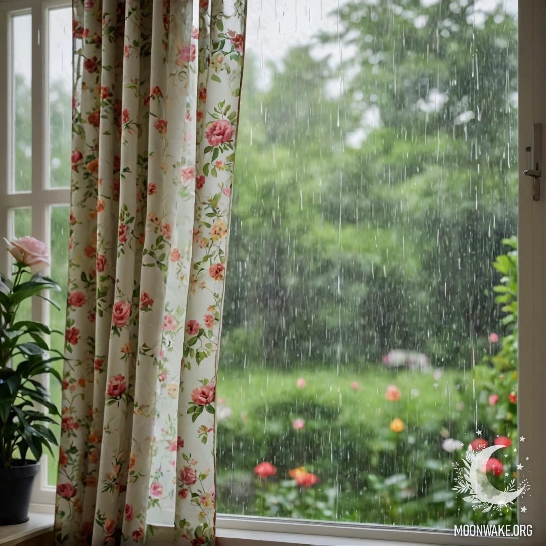Крупный план цветочного занавеса с окном и цветущим садом на заднем фоне, размытым дождём.