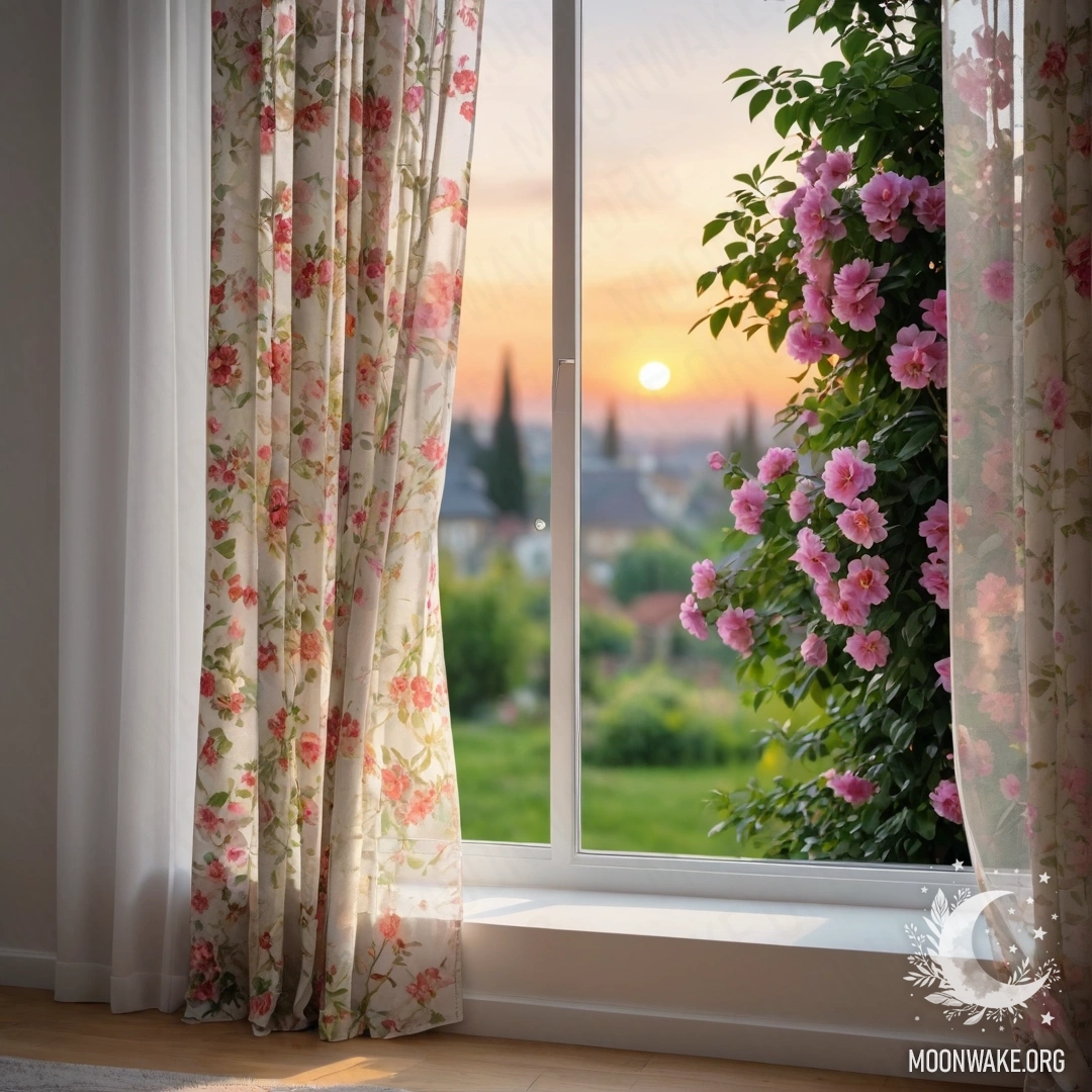 Крупный план цветочной занавески, за которой виден цветущий сад на закате.