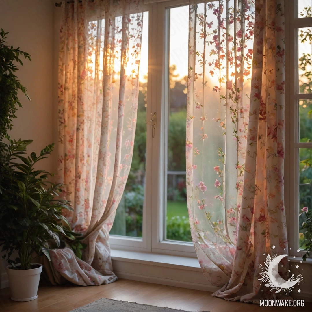 Крупный план цветочной занавески с окном, за которым цветущий сад, размытый в светe заката.