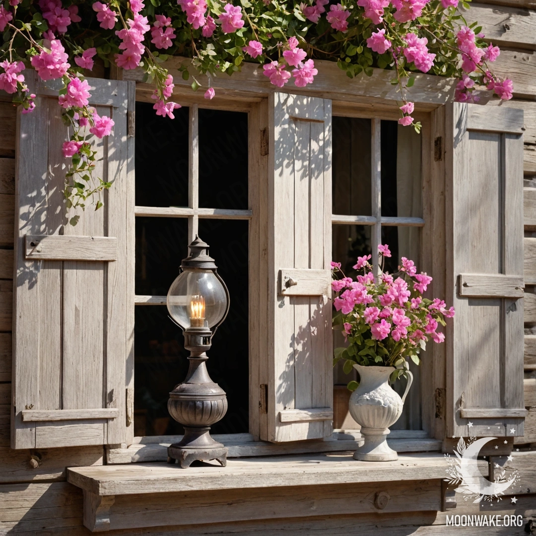 Крупный план цветочной занавеси с окном и цветущим садом на фоне.