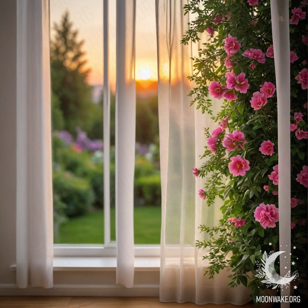 Крупным планом цветочный занавес с окном и цветущим садом за окном, создающим эффект боке на закате.
