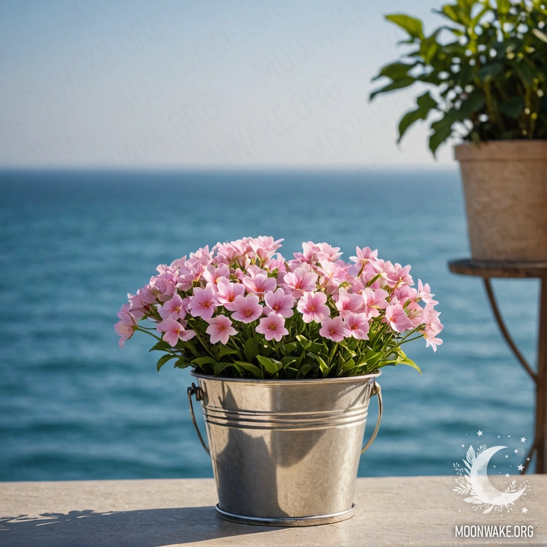 Небольшое металлическое ведерко с романтическими цветами на фоне морского боке.