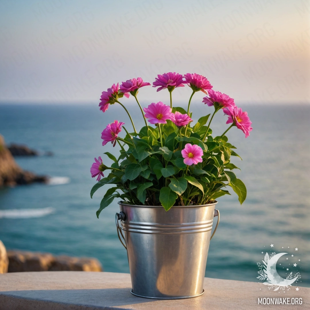 Небольшой металлический цветочный горшок в форме ведерка с романтическими цветами на blurred фоне моря, украшенном огоньками гирлянды.