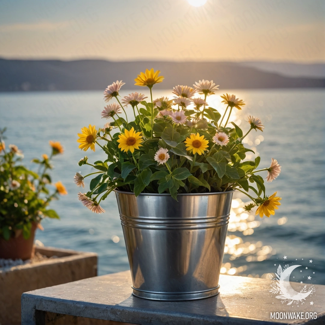 Металлический цветочный горшок в форме маленького ведерка с романтическими цветами на размытом фоне моря, залитом солнечными лучами.