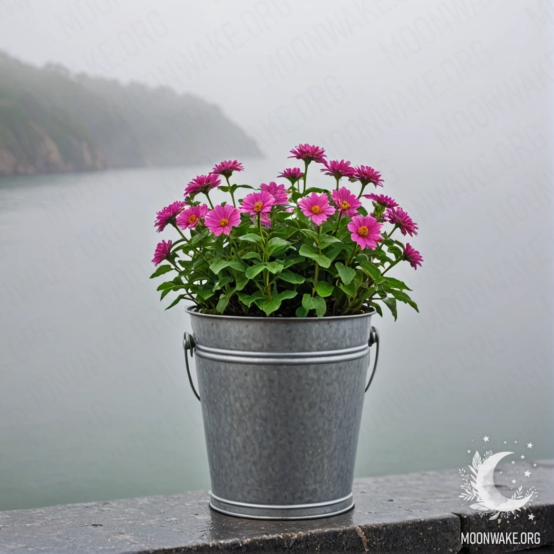 Небольшое металлическое ведро с цветами на фоне размытых морских волн в густом тумане.