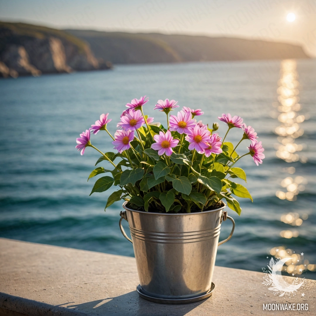 Металлический цветочный горшок в форме маленького ведерка, заполненный цветами, на фоне размытого моря с солнечными лучами.