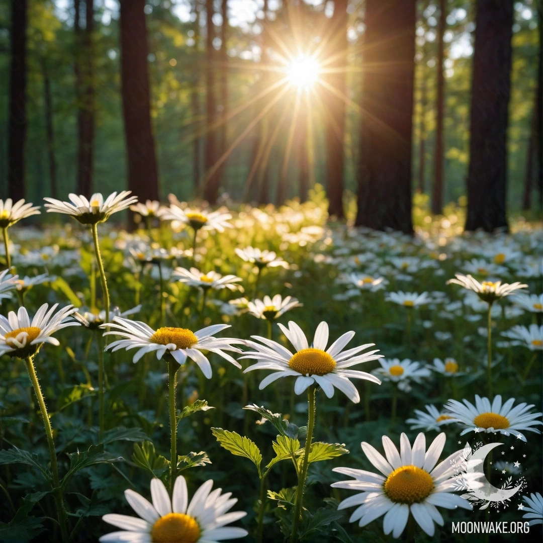 Ракурс на ромашки с солнечными лучами, пробивающимися сквозь деревья на закате.
